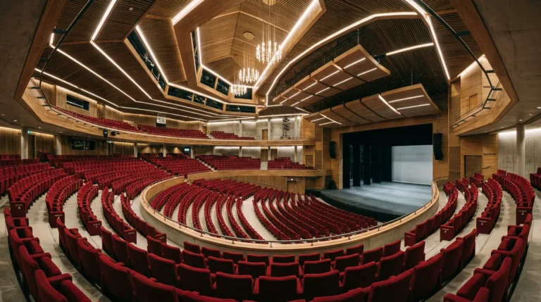 Vue panoramique d'une salle de spectacle contemporaine avec fauteuils disposés en gradins