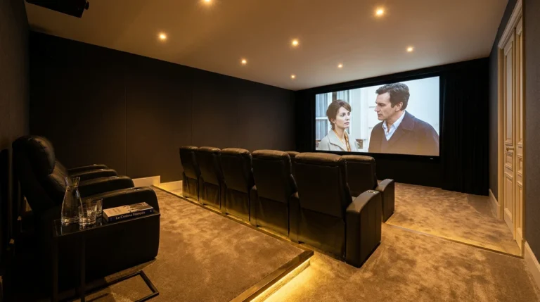 Salle de cinéma maison luxueuse avec rangée de fauteuils en cuir et éclairage d'ambiance