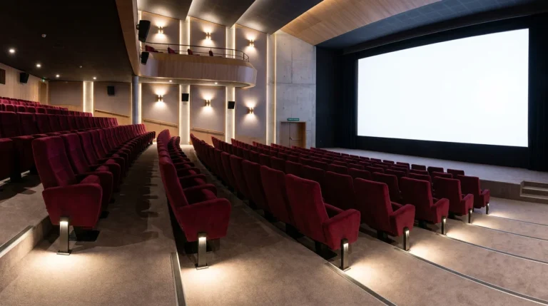 Salle de cinéma française moderne équipée de fauteuils professionnels en velours bordeaux