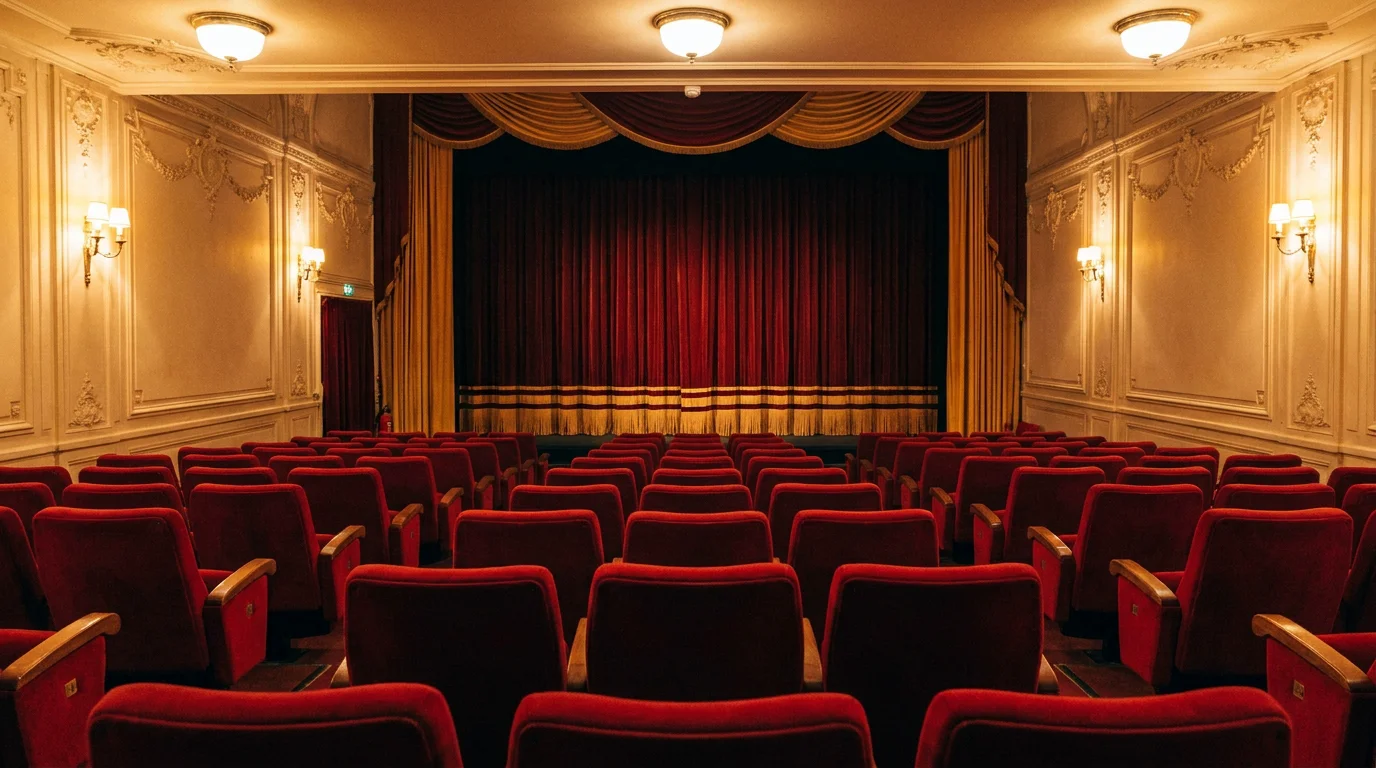Rangées de fauteuils de cinéma professionnels rouges dans une salle française vide