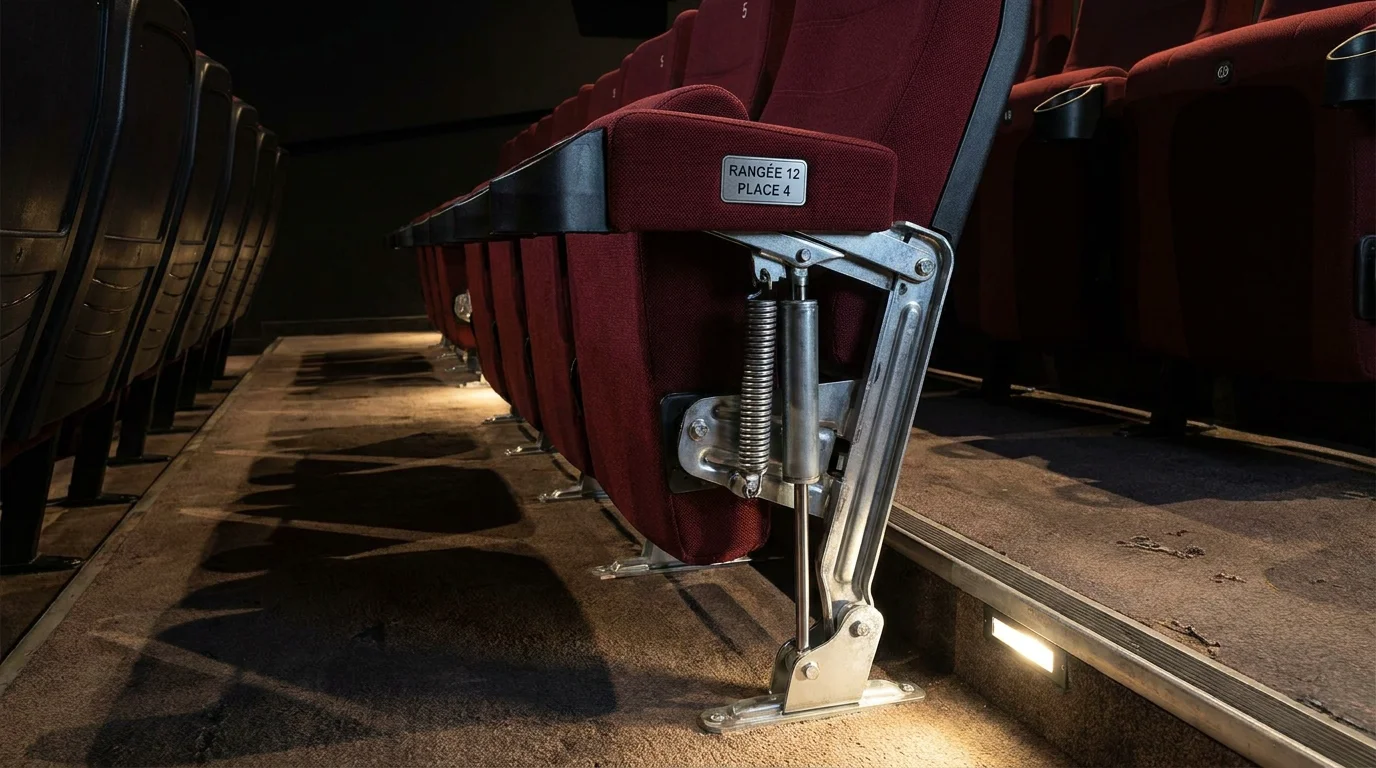 Détail du mécanisme d'assise relevable d'un fauteuil de cinéma professionnel