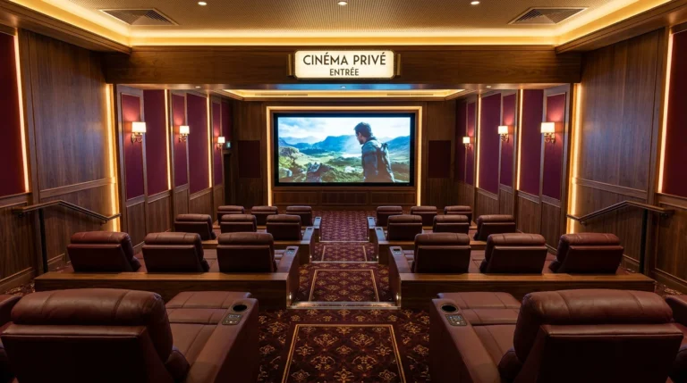 Salle de cinéma luxe aux fauteuils bordeaux en gradins face à l'écran