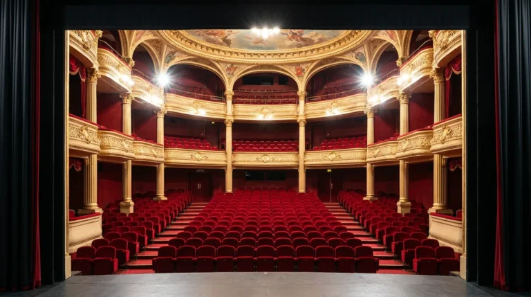 Vue depuis l'écran sur des rangées de fauteuils de cinéma pliables en velours rouge dans une salle française