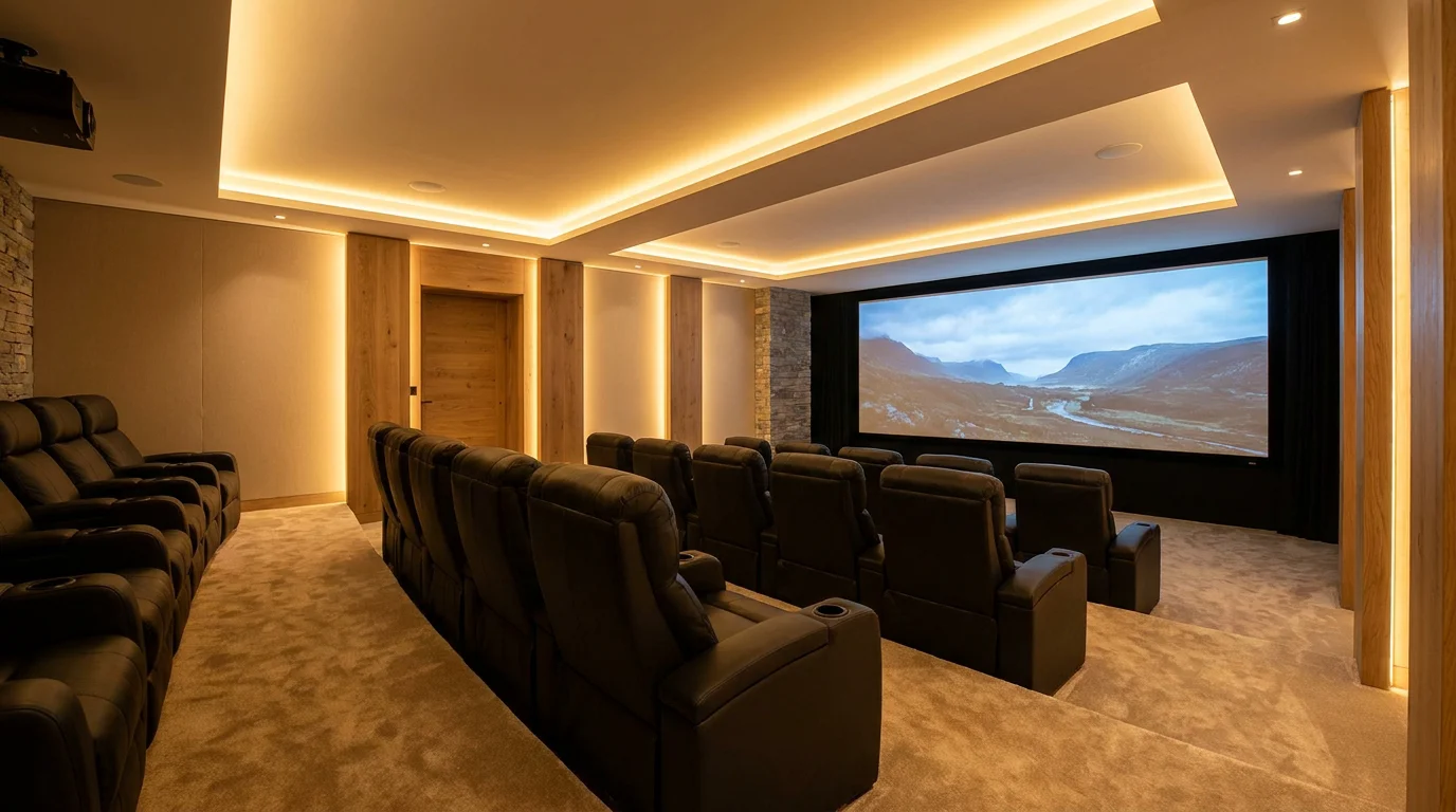 Salle de home cinéma luxueuse avec fauteuils inclinables et éclairage d'ambiance LED