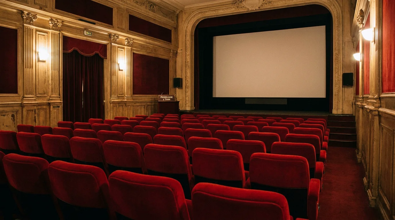 Rangées de fauteuils rouges dans une salle de cinéma vide en France