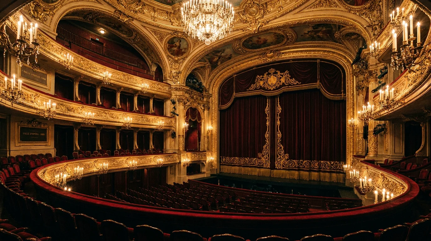 Salle de théâtre classique du XIXe siècle avec fauteuils en velours rouge et décor doré