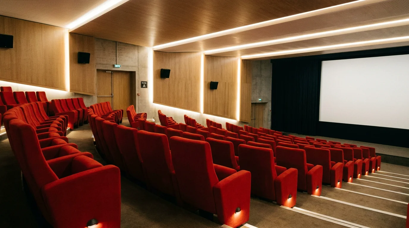 Salle de cinéma moderne en France avec fauteuils rouges et éclairage tamisé