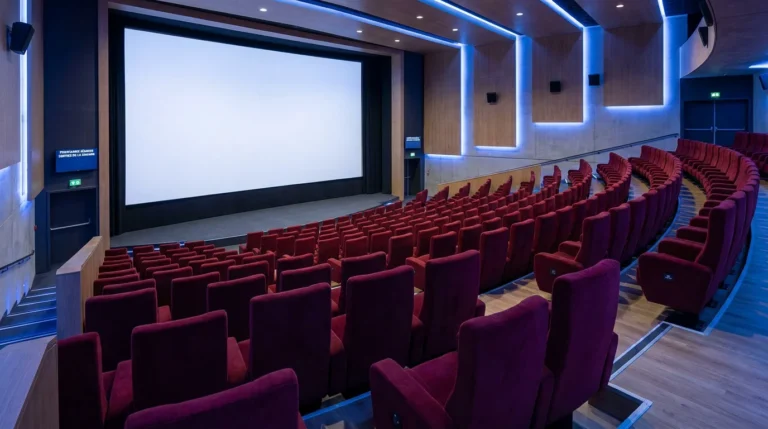 Salle de cinéma moderne vide avec rangées de sièges en velours bordeaux en France