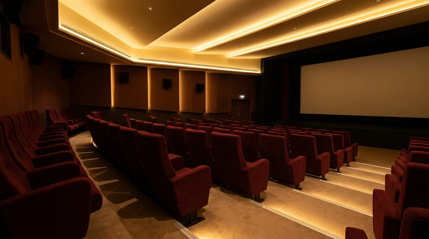 Rangées de sièges de cinéma en tissu rouge dans une salle moderne en France