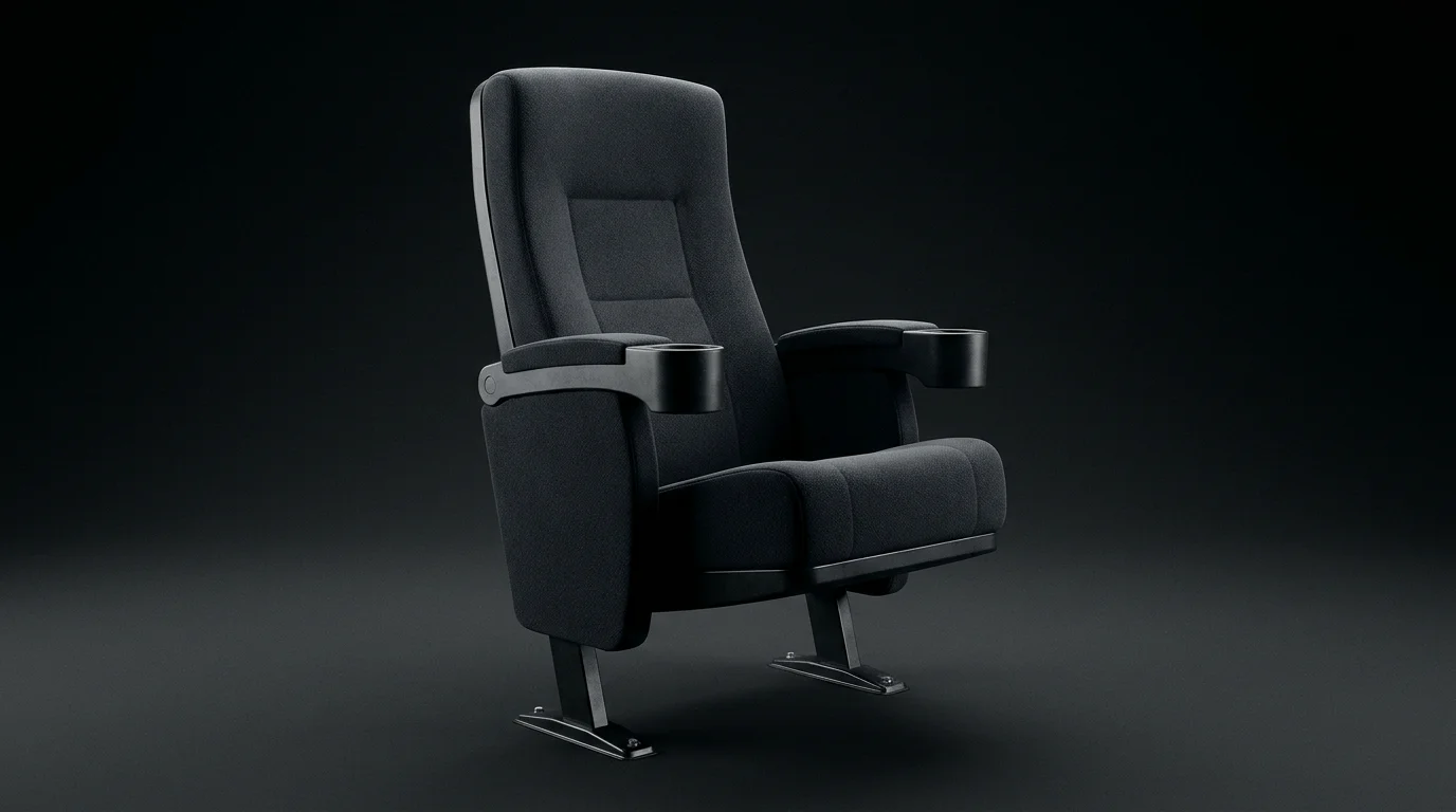 Détail d'un fauteuil de cinéma professionnel avec assise rabattable et accoudoir porte-gobelet