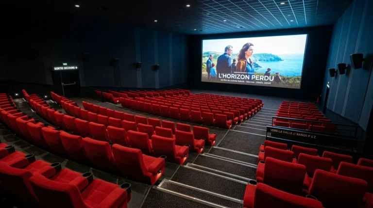 Salle de cinéma en gradins avec rangées de fauteuils rouges premium face à l'écran