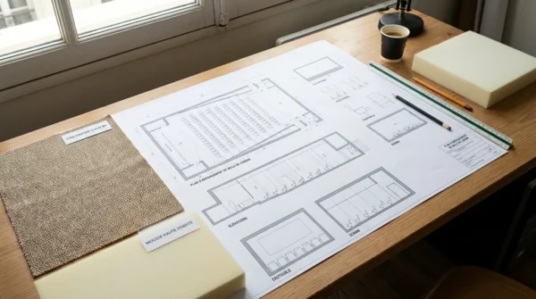 Plan d'aménagement de salle de cinéma avec échantillons de matériaux pour fauteuils