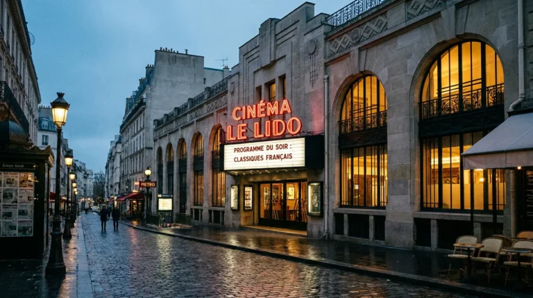 Façade d'un cinéma de quartier français éclairée au crépuscule