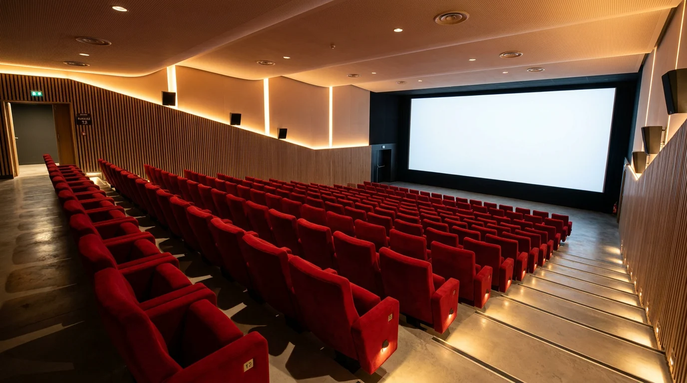 Intérieur d'une salle de cinéma moderne en France avec rangées de fauteuils rouges et grand écran