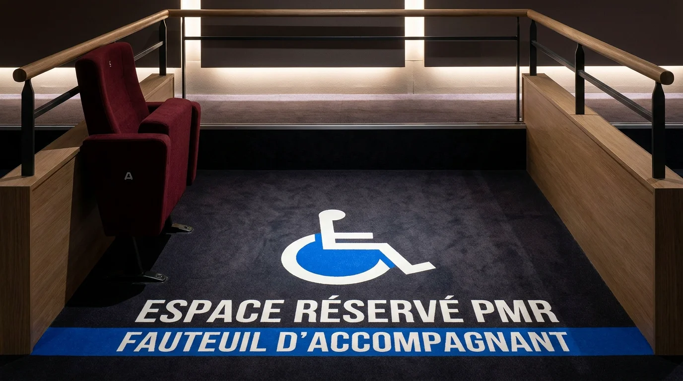 Espace PMR aménagé dans une salle de cinéma avec signalétique d'accessibilité