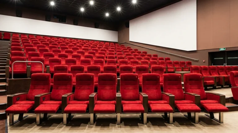 Salle de cinéma premium vue depuis l'écran avec rangées de fauteuils rouges en gradins