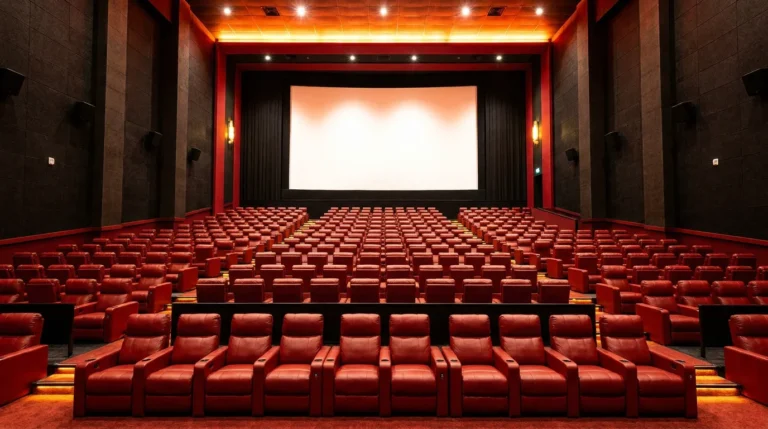 Salle de cinéma avec rangées de fauteuils inclinables rouges en gradins face à un écran