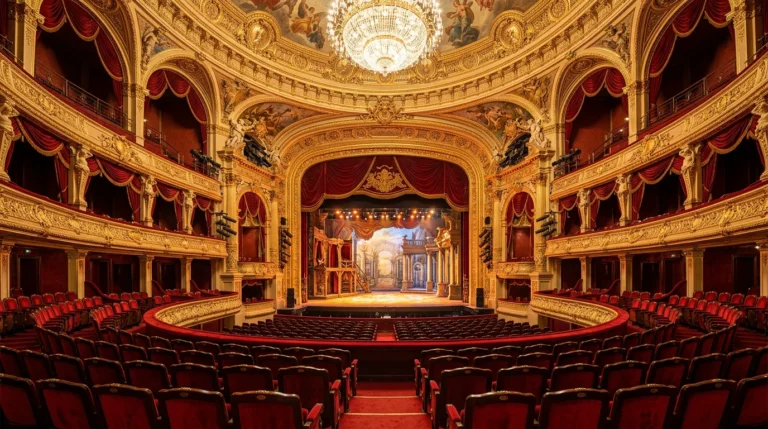 Salle de théâtre à l'italienne avec fauteuils rouges face à la scène