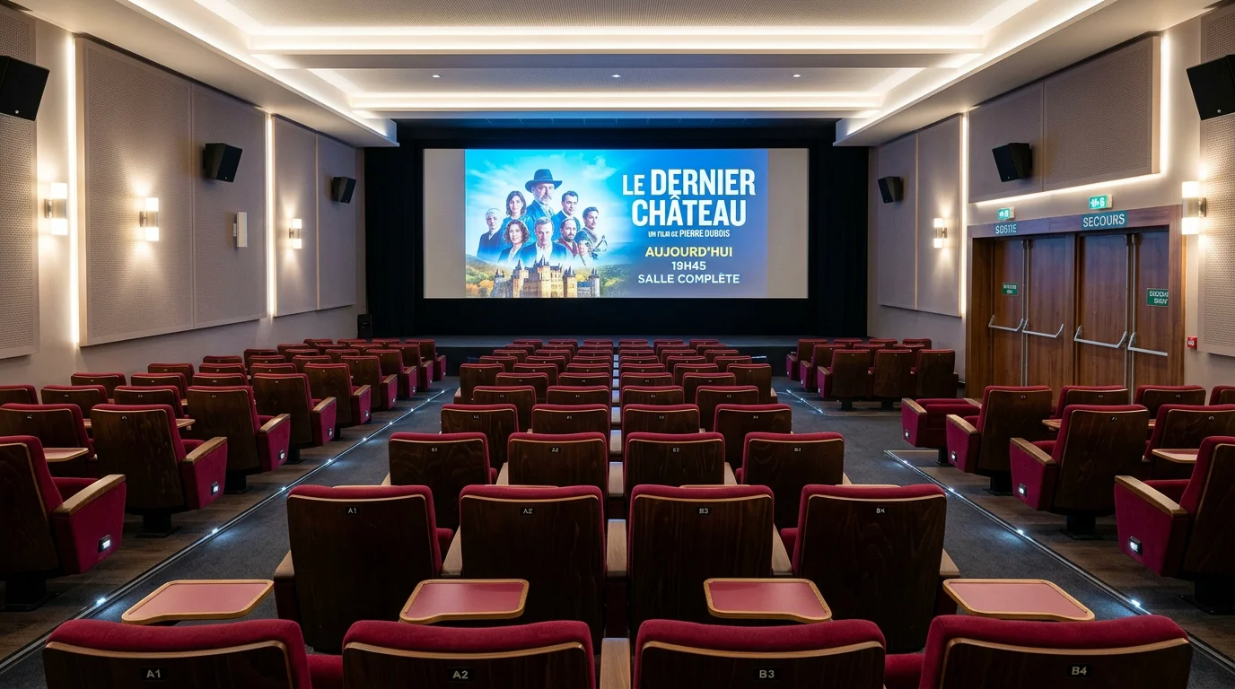 Rangées de fauteuils de cinéma bordeaux avec tablettes face à un écran