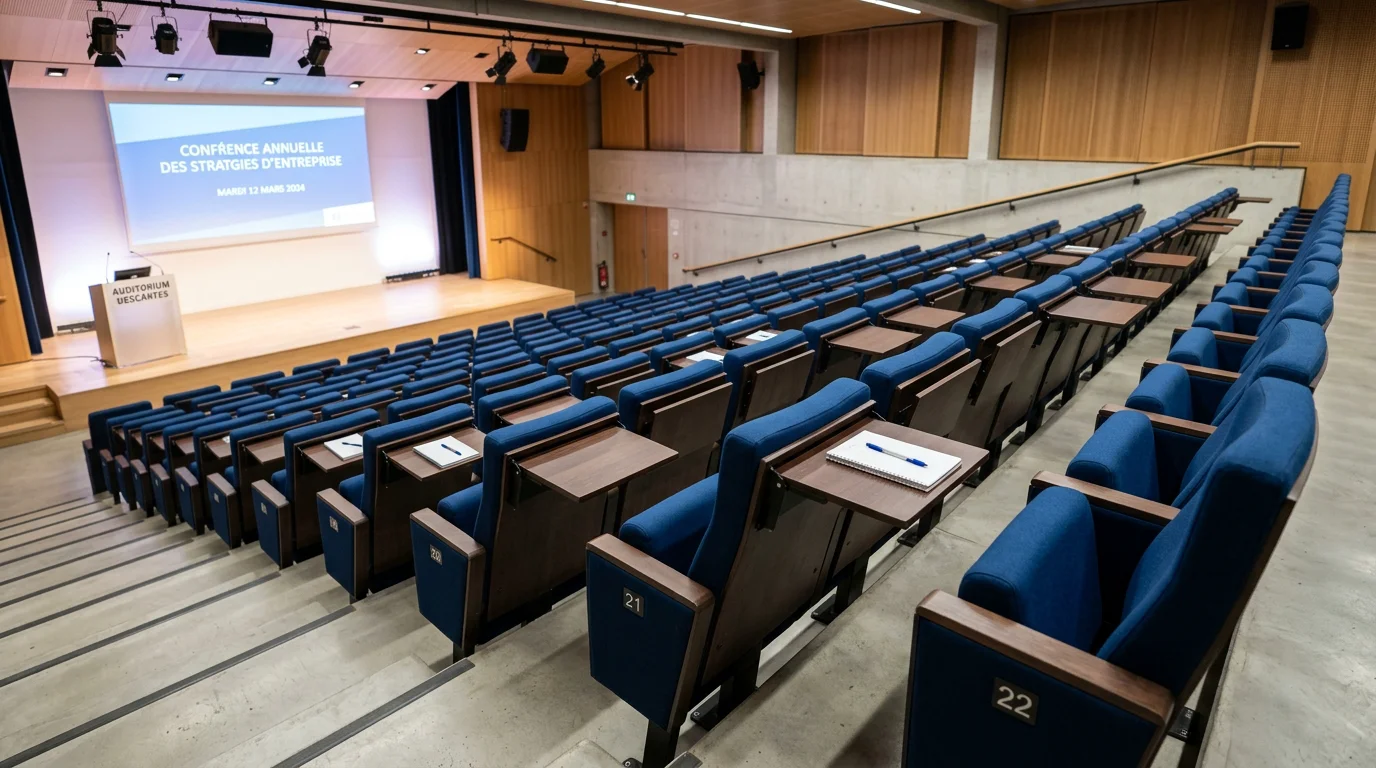 Fauteuils d'auditorium bleu nuit en gradins avec tablettes écritoires
