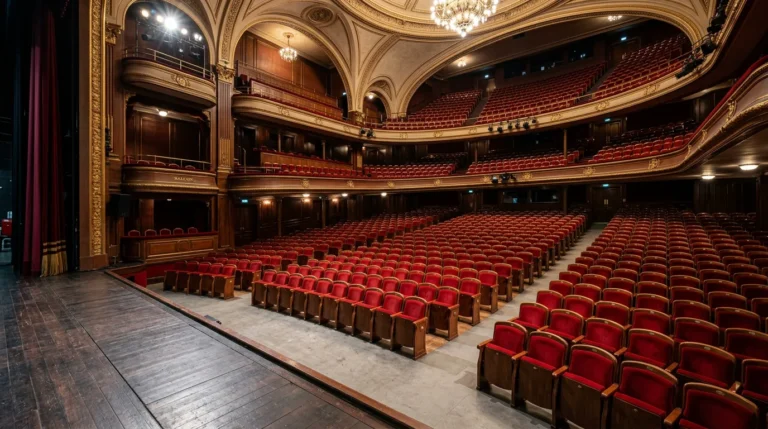 Salle de spectacle vue depuis la scène avec rangées de fauteuils rouges en gradins