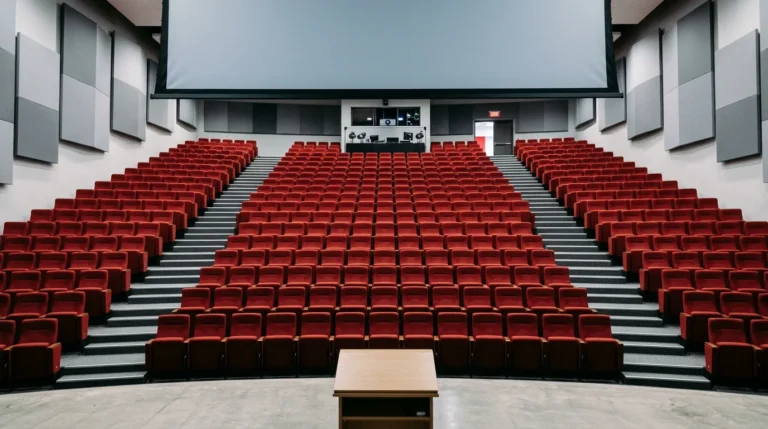 Grand auditorium avec fauteuils rouges en gradins vus depuis la scène
