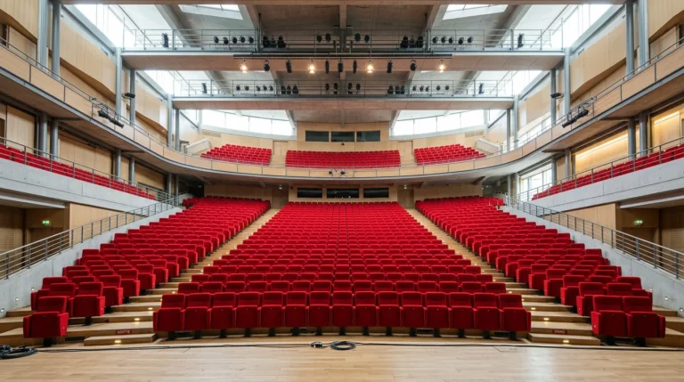 Amphithéâtre moderne aux fauteuils rouges en gradins vus depuis la scène