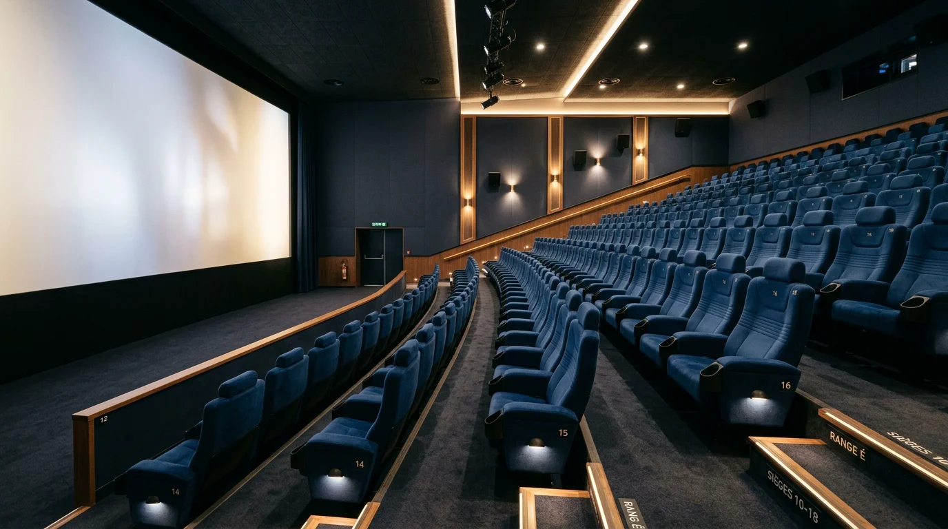 Rangées de sièges bleu nuit en gradins dans une salle de cinéma face à l'écran