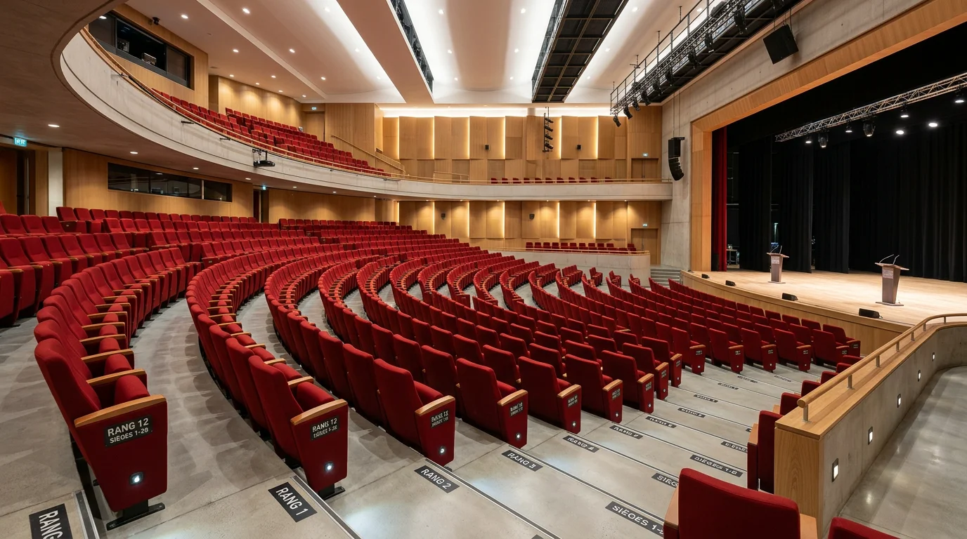 Auditorium contemporain avec fauteuils rouges ergonomiques vus en plongée