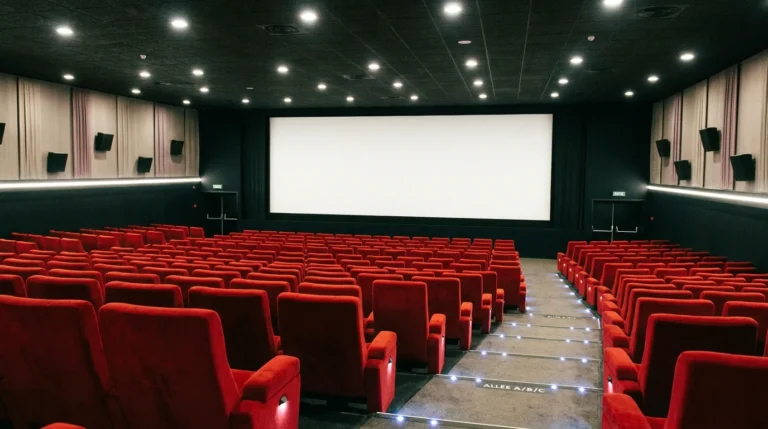 Salle de cinéma professionnelle avec fauteuils électriques rouges en gradins face à l'écran