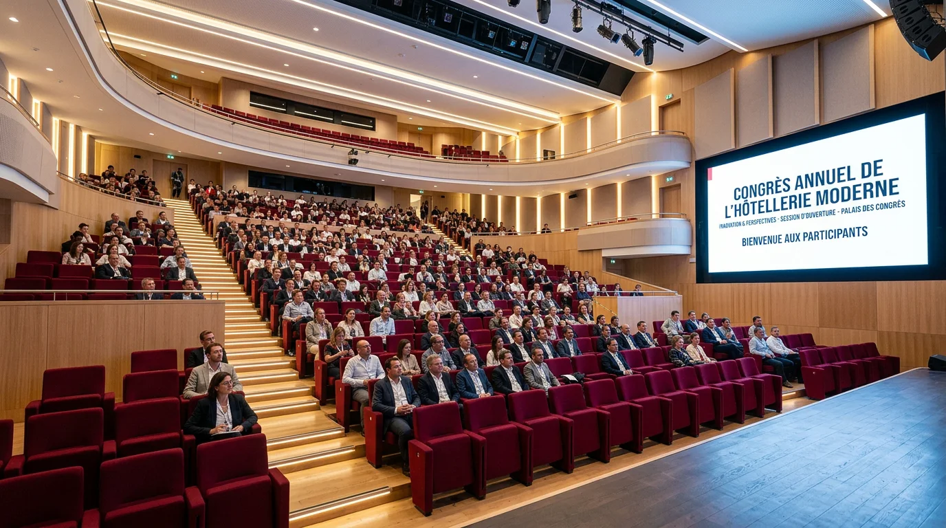 Auditorium hôtelier en gradins bordeaux et bois vu depuis la scène