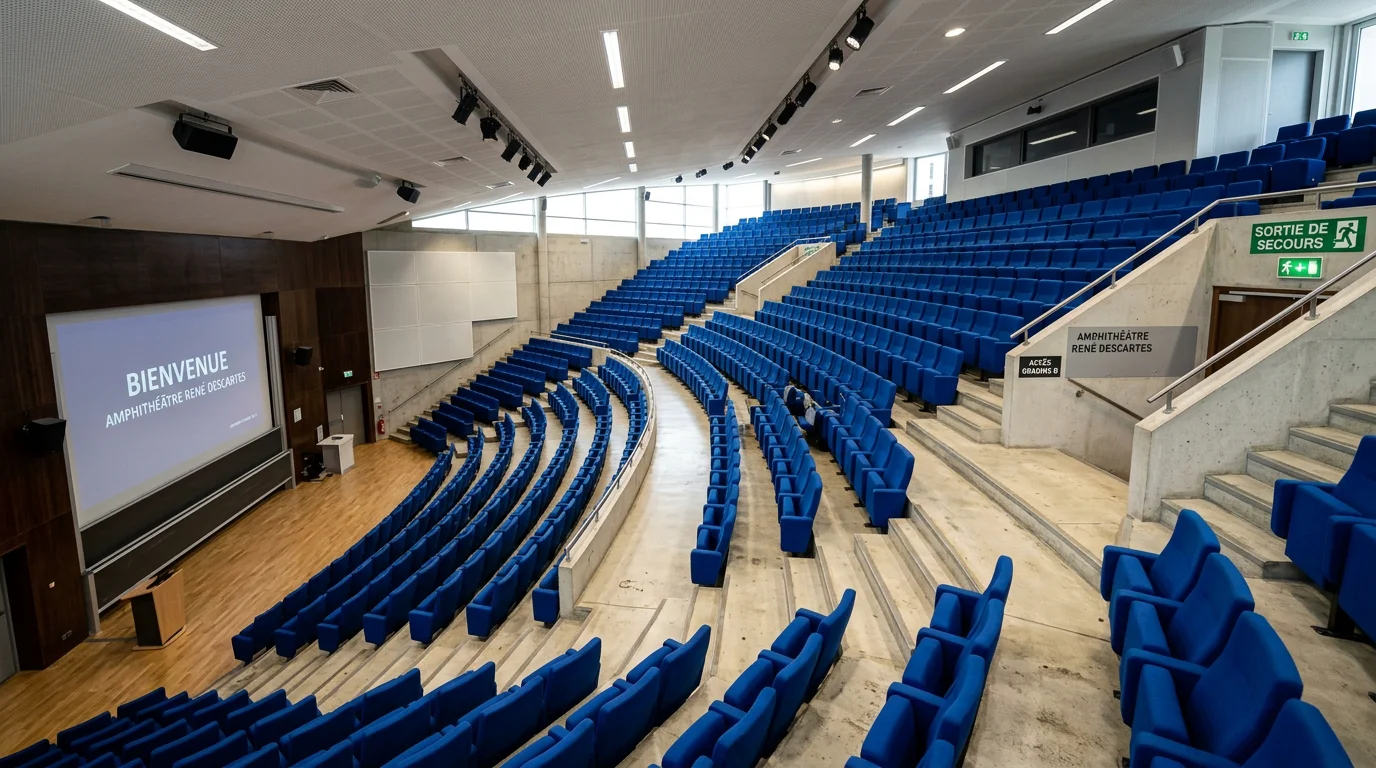 Amphithéâtre en gradins bleu nuit avec allées et sorties de secours