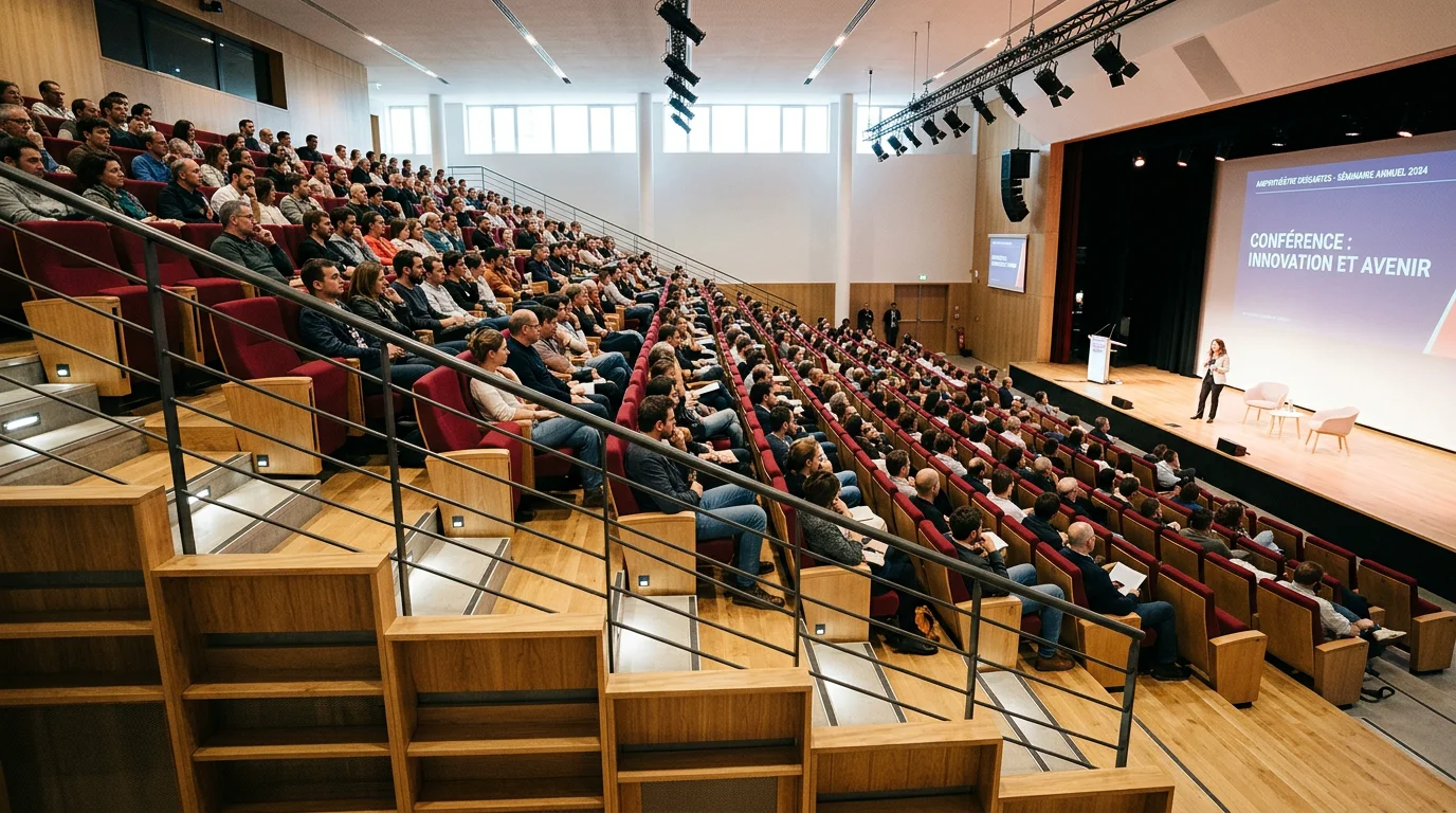 Amphithéâtre modulable avec rangées de fauteuils bordeaux inclinés face à une scène