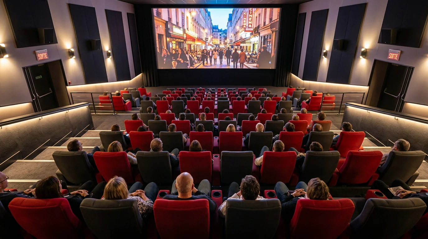 Salle de cinéma modulable vue en plongée avec fauteuils inclinables rouges face à l'écran
