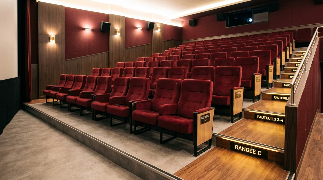 Rangées de fauteuils duo bordeaux dans une salle de cinéma en gradins