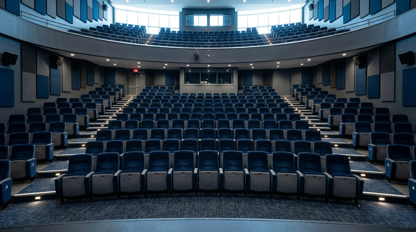 Salle d'auditorium en hémicycle avec fauteuils bleu nuit vus depuis la scène