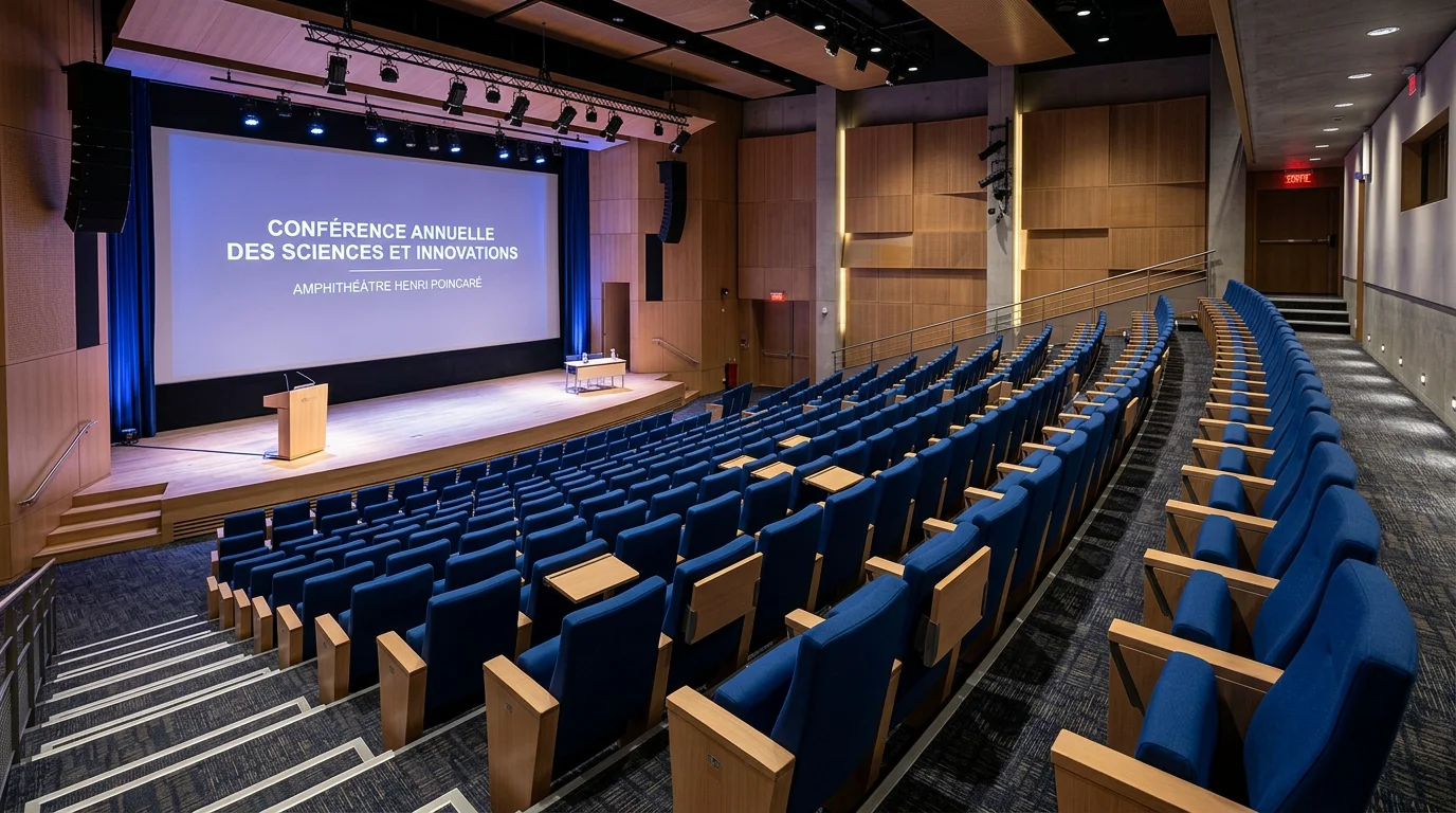 Auditorium moderne avec fauteuils bleu nuit inclinés en gradins face à une scène