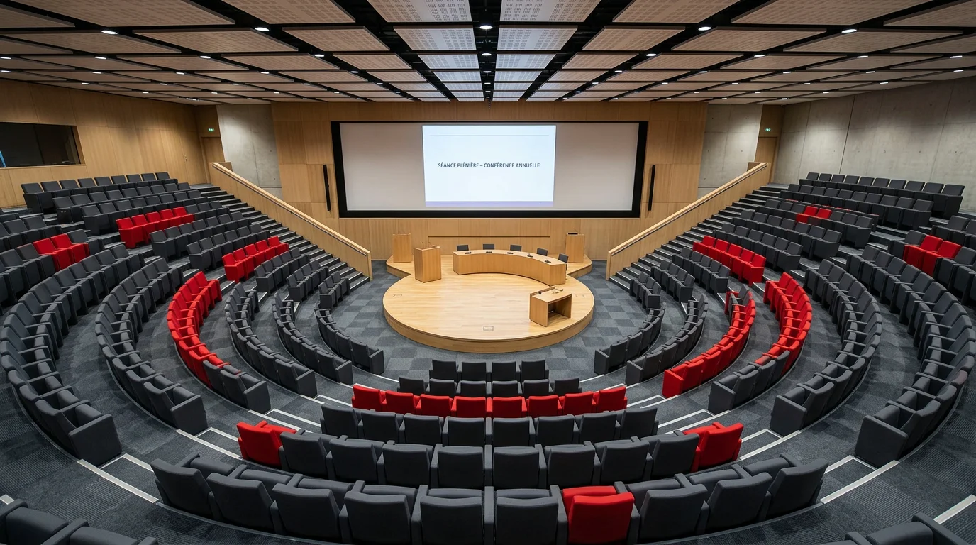 Hémicycle de conférence vu de haut avec fauteuils gris et rouges en gradins