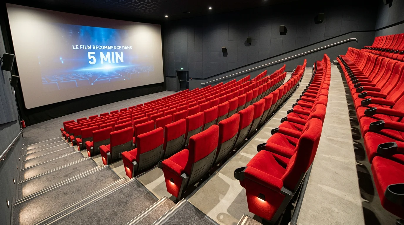 Rangées de fauteuils rouges en gradins dans une salle de cinéma face à l'écran