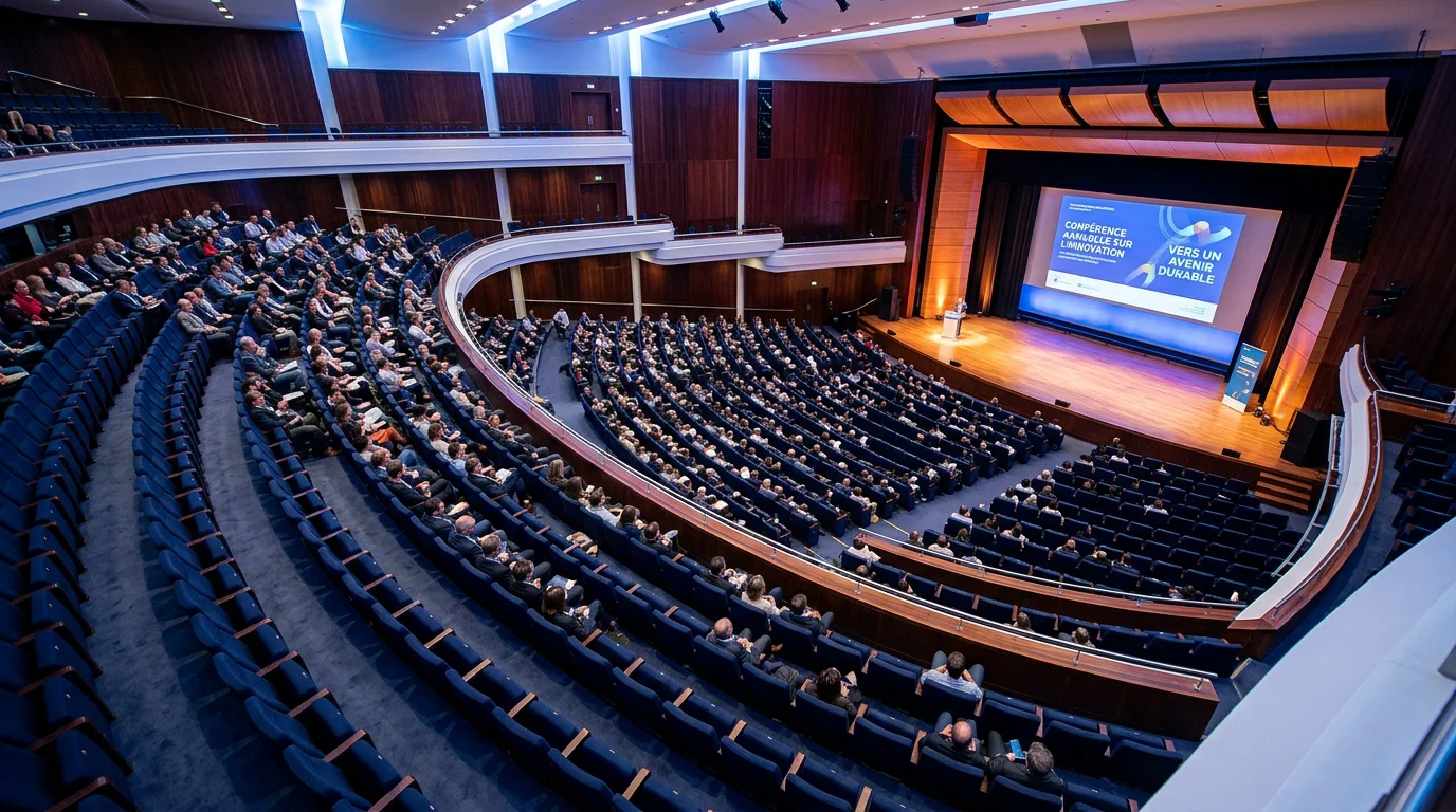 Vue en plongée d'un auditorium aux fauteuils bleu nuit en gradins face à la scène