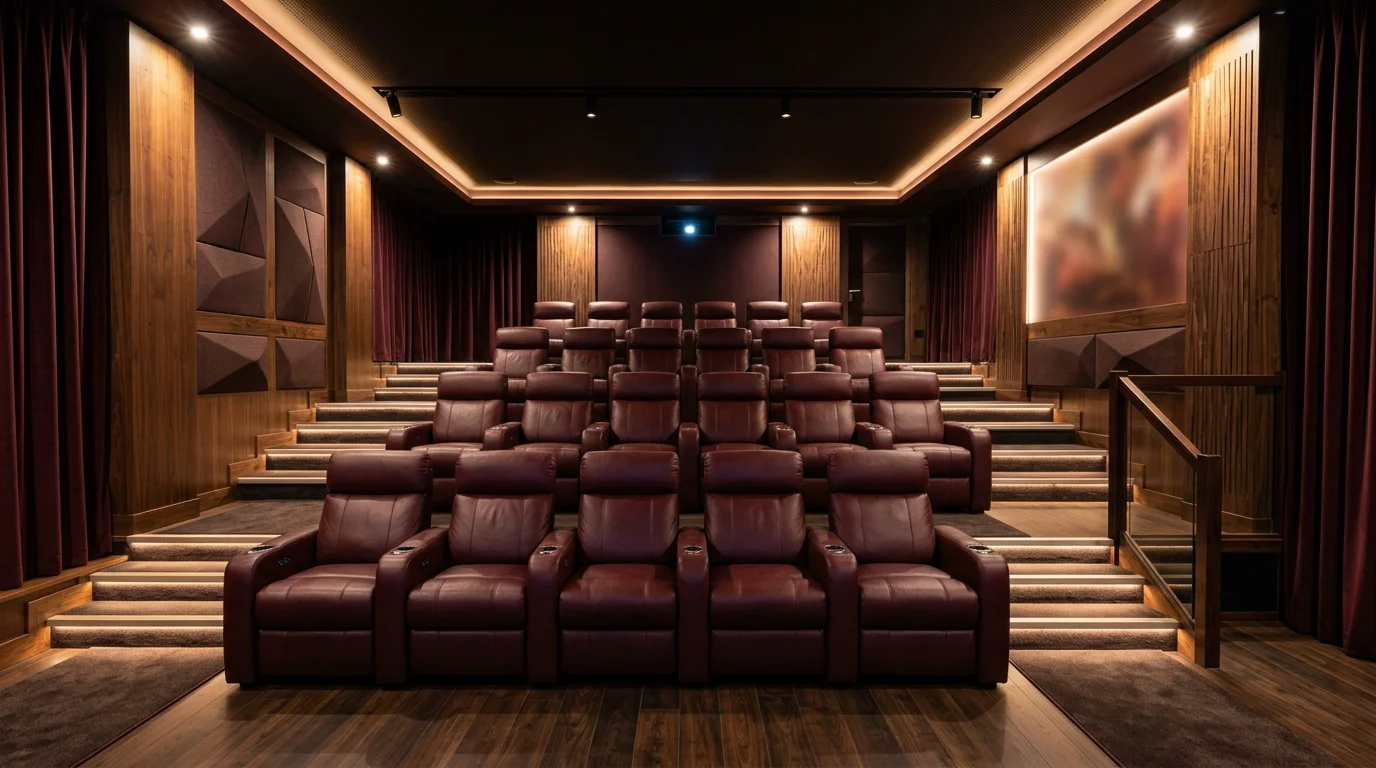 Salle de home cinéma privée avec fauteuils bordeaux en gradins face à l'écran