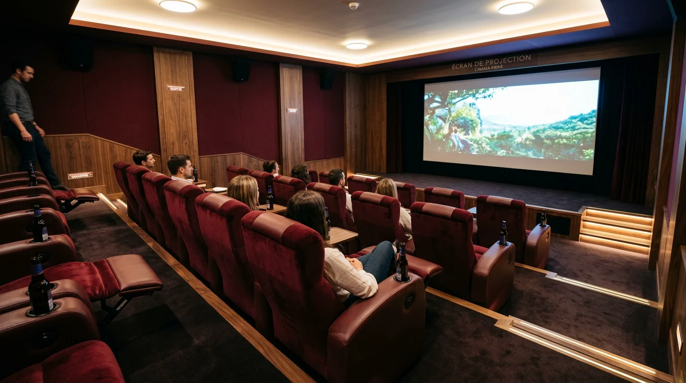 Rangées de fauteuils de cinéma bordeaux en gradins face à un écran
