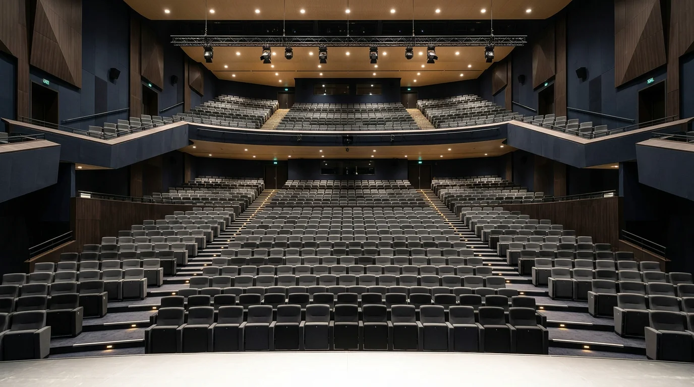 Auditorium moderne avec fauteuils gris disposés en gradins face à une scène