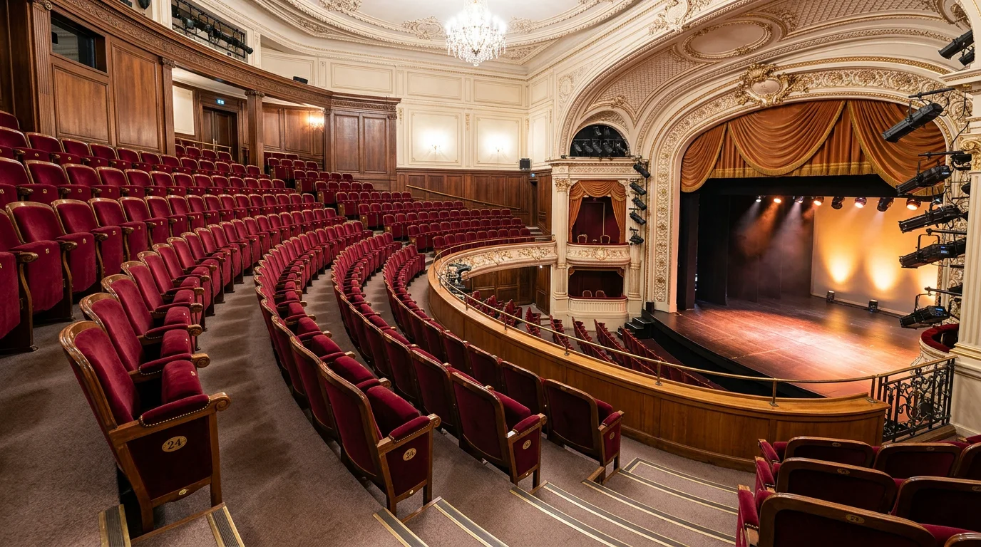 Rangées de fauteuils de théâtre en velours bordeaux face à une scène