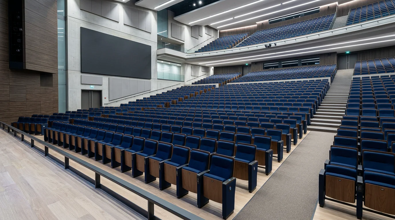 Auditorium moderne avec fauteuils bleu nuit vus depuis la scène