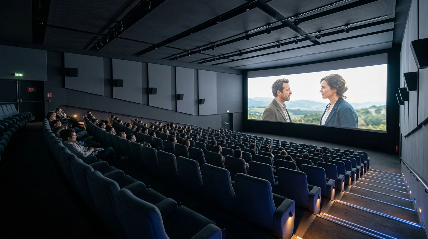 Salle de cinéma IMAX vue de côté avec fauteuils inclinés en gradins et grand écran