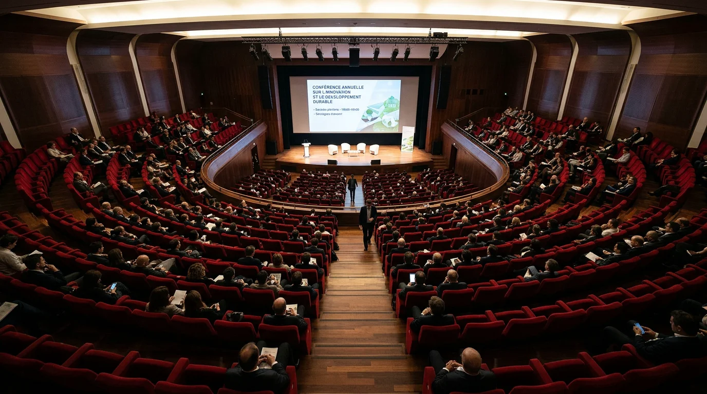 Vue en plongée d'un auditorium avec fauteuils rouges en gradins et écran de projection
