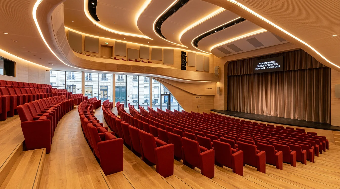 Salle de spectacle moderne équipée de fauteuils rembourrés en tissu rouge disposés en gradins
