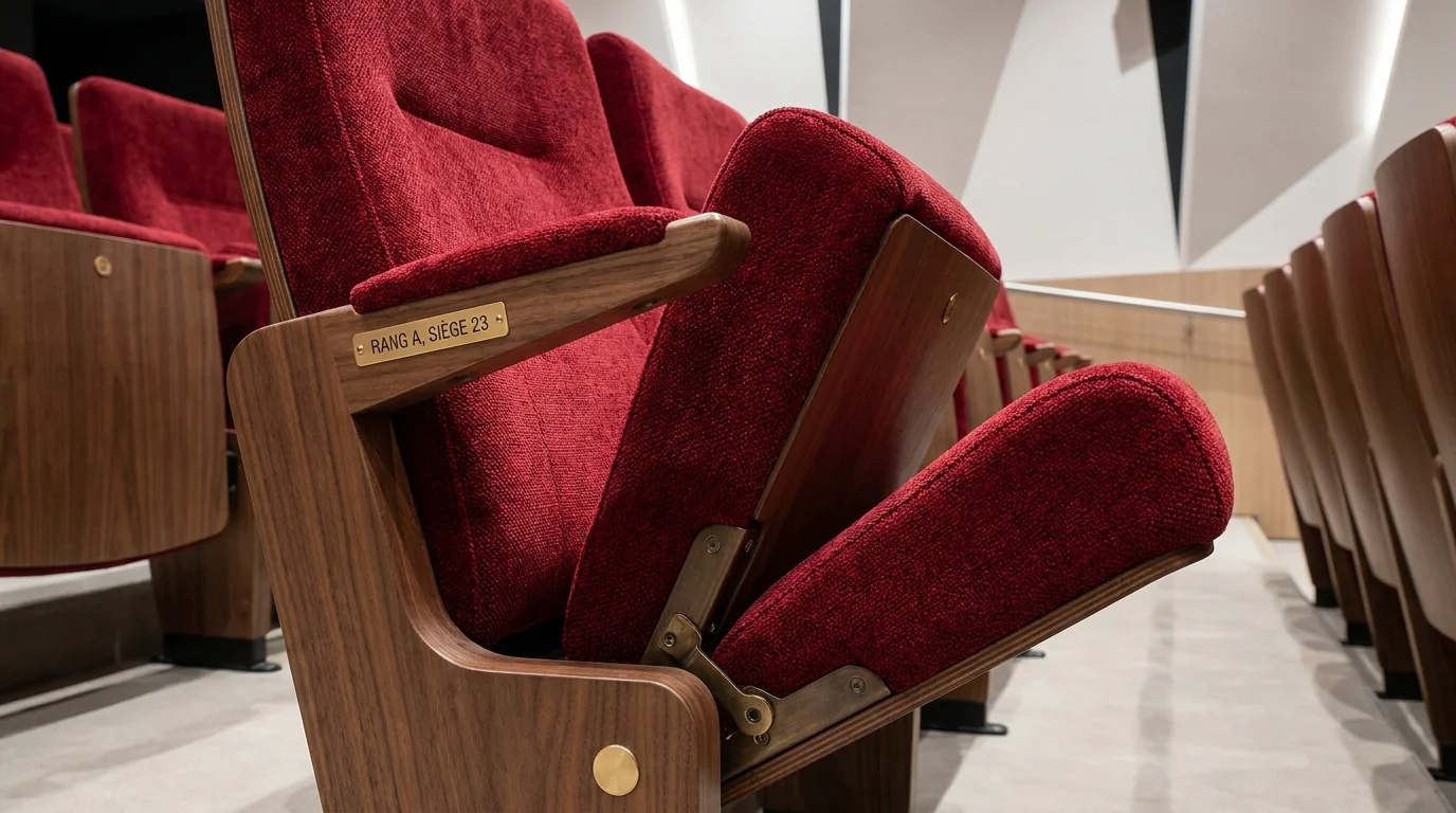 Gros plan sur un fauteuil de théâtre rembourré avec assise relevable dans une salle moderne