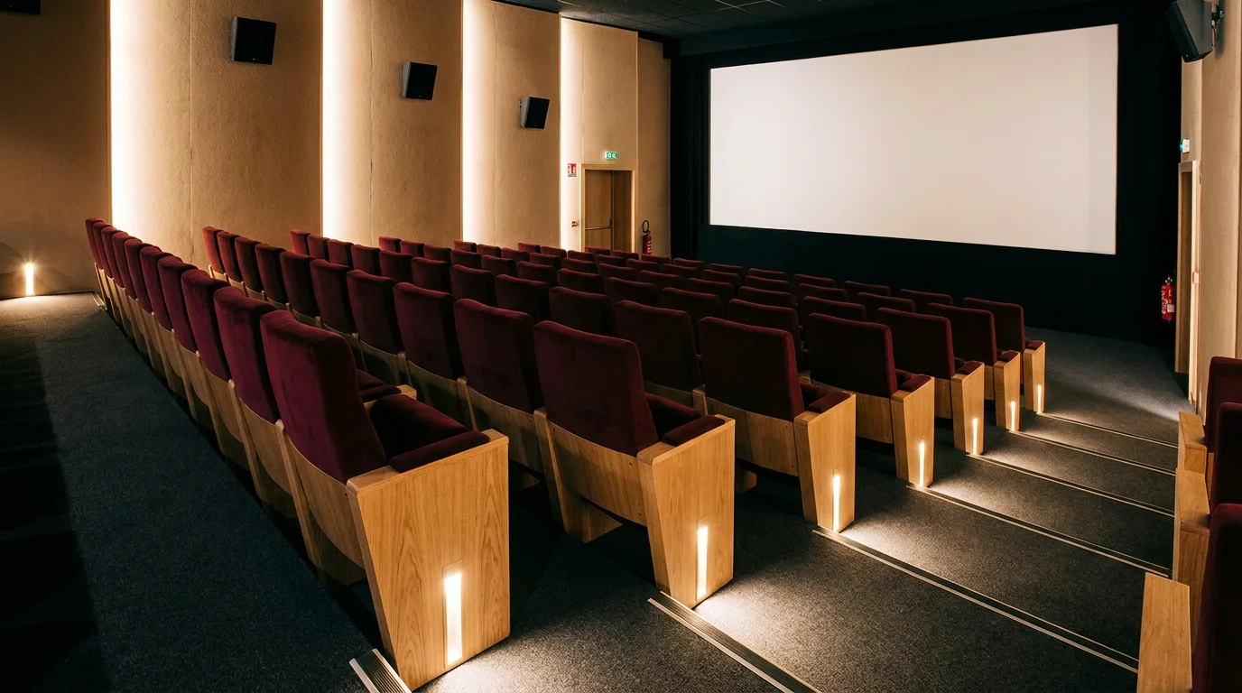 Salle de cinéma moderne avec rangées de fauteuils bordeaux rembourrés disposés en gradins